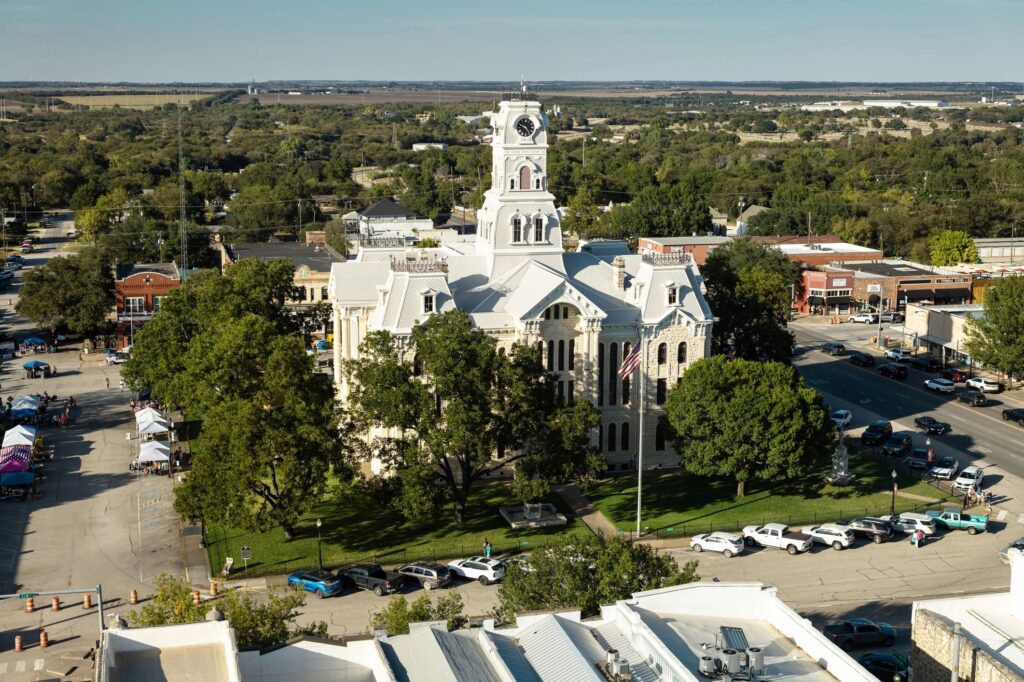 Aerial Shot of Hillsboro Courthouse on Sunny Day in Hill County, Texas